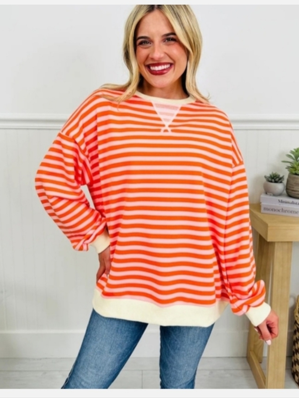 Striped Orange and Cream Womens Pullover Sweater Sz S